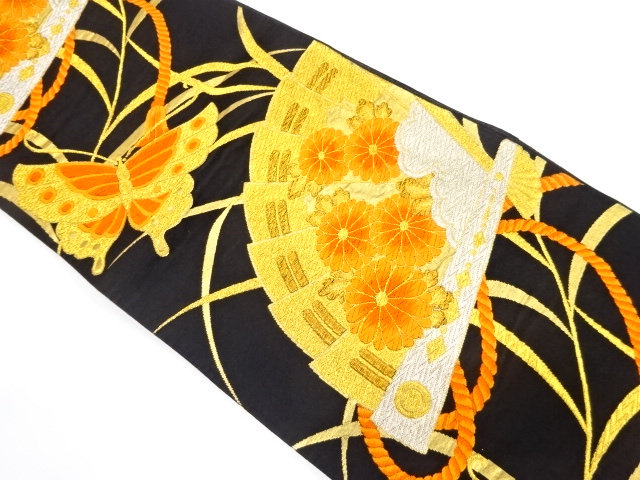 JAPANESE KIMONO / ANTIQUE FUKURO OBI / SILK / WOVEN KIKU & BUTTERFLY
